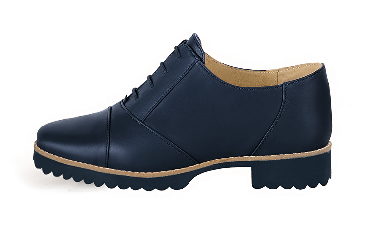 Navy blue women's casual lace-up shoes. Round toe. Flat rubber soles. Profile view - Florence KOOIJMAN